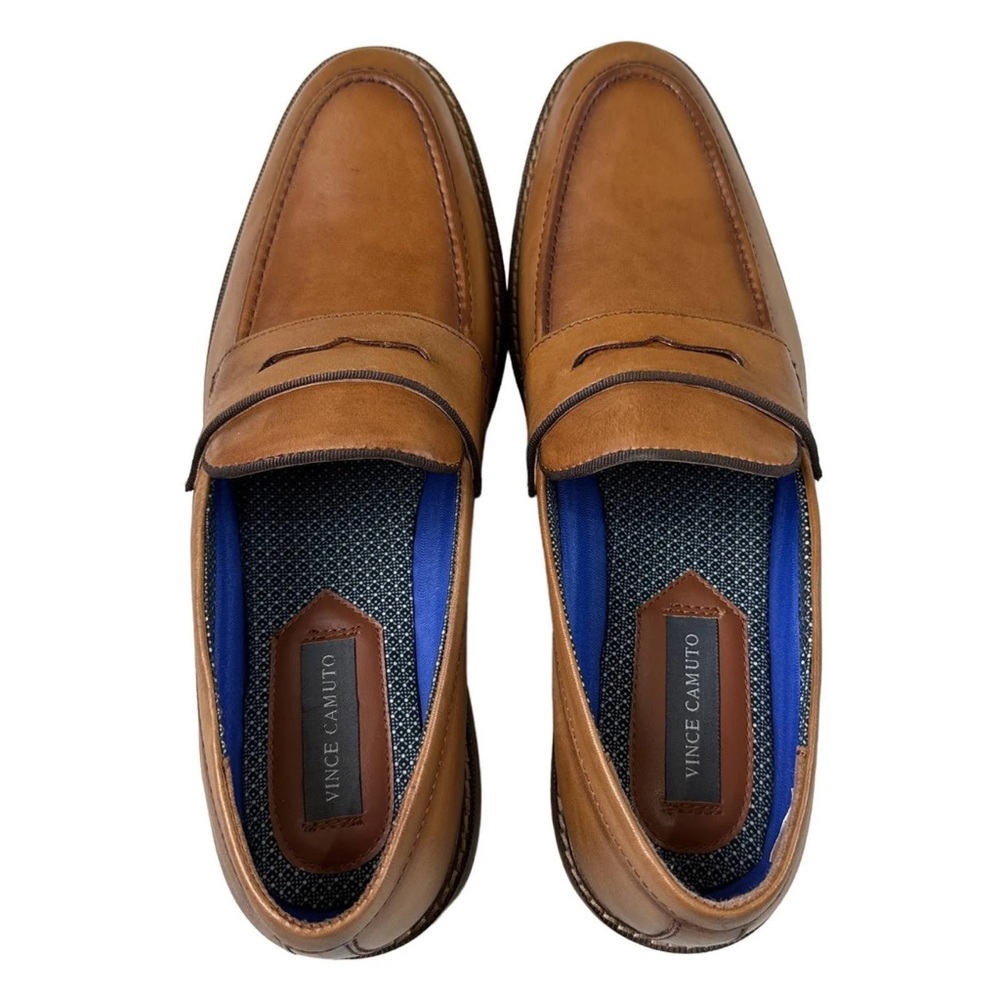 Vince Camuto Men's Cognac Leather Penny Loafers with Blue Lining - Picture 2 of 8